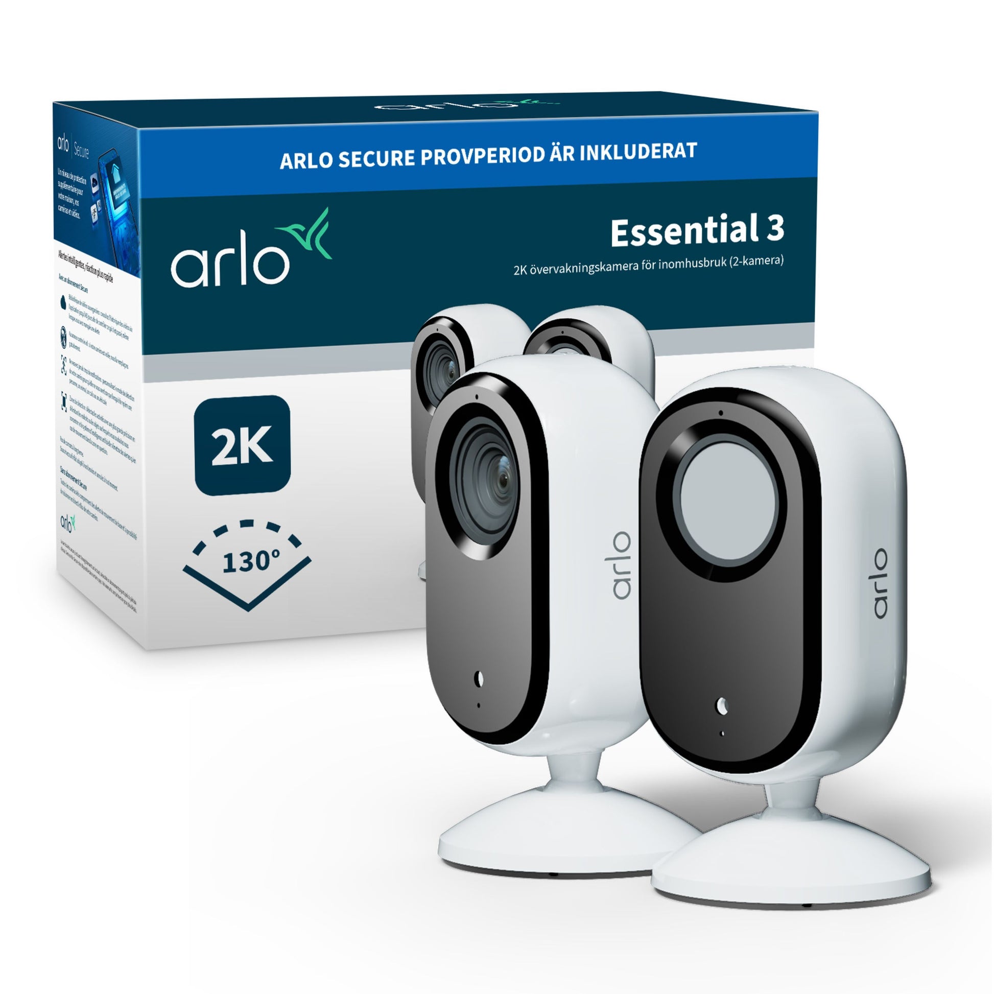 Arlo Essential 3 2K overvågningskameraer 2-pak foran æske med modelnavn, 130°, tekst på svensk om indendørs sikkerhed.