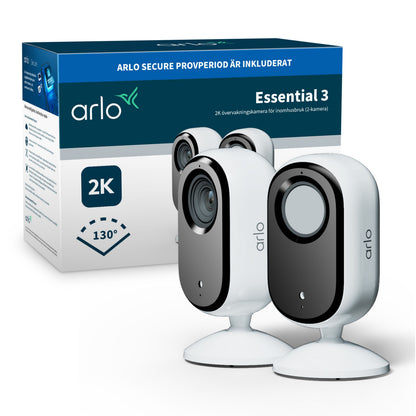 Arlo Essential 3 2K overvågningskameraer 2-pak foran æske med modelnavn, 130°, tekst på svensk om indendørs sikkerhed.