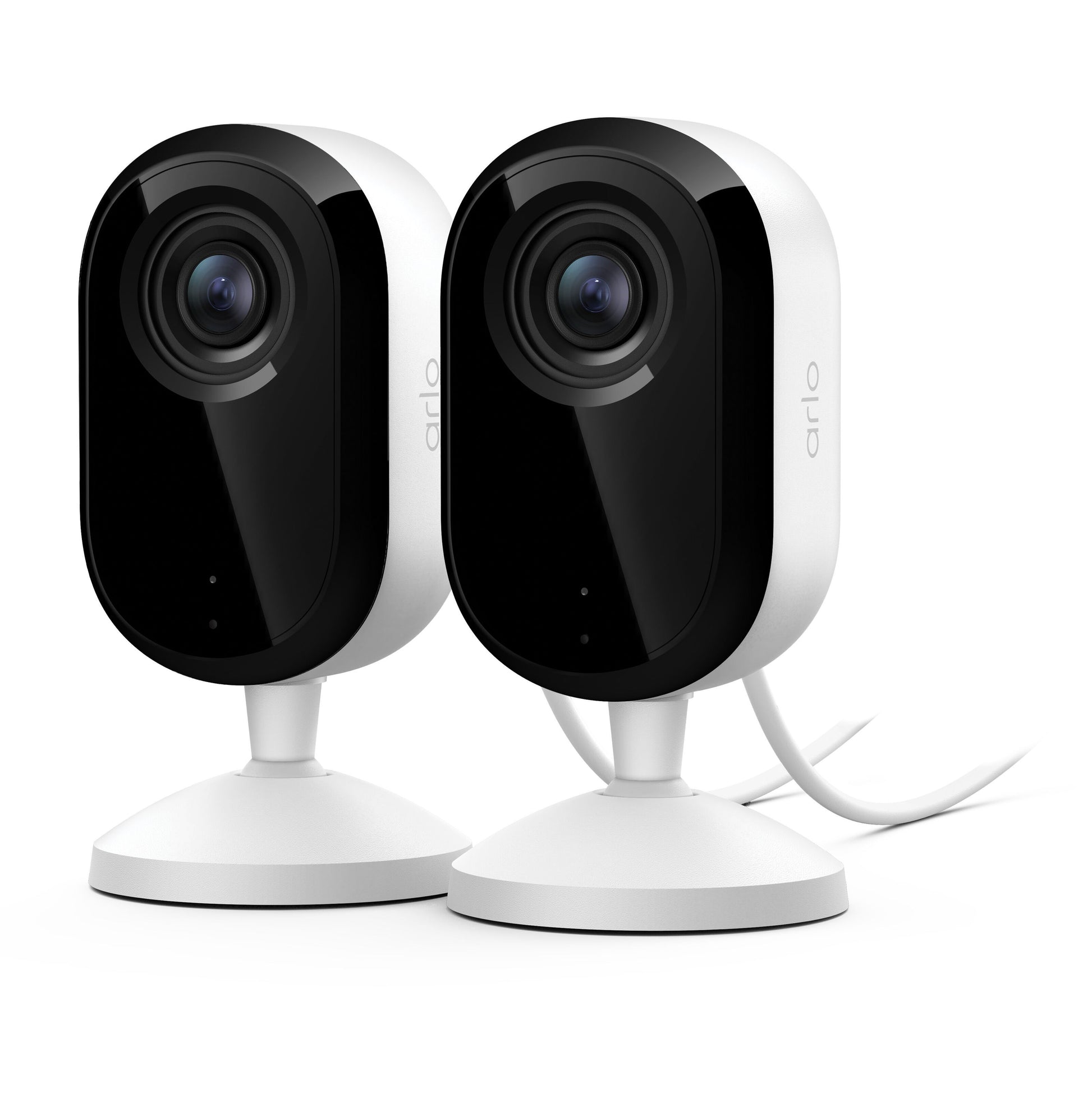 Arlo Essential 3 2K overvågningskamera indendørs 2-pak, sorte frontpaneler, vidvinkellinser, runde baser, hvidt strømkabel.