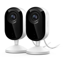 Arlo Essential 3 2K overvågningskamera indendørs 2-pak, sorte frontpaneler, vidvinkellinser, runde baser, hvidt strømkabel.
