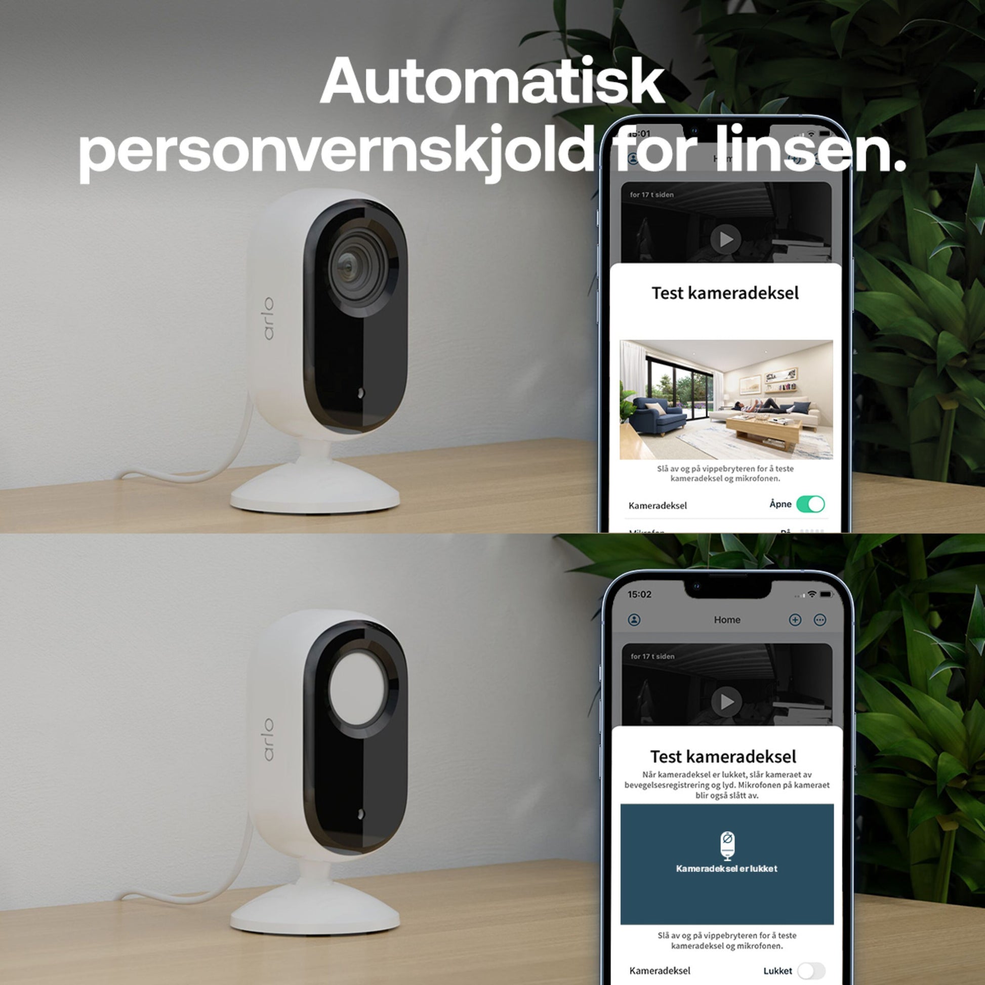 Arlo Essential 3 2K indendørs overvågningskamera 2-pak med åben/lukket linse og app-skærme til privacy shield vises.