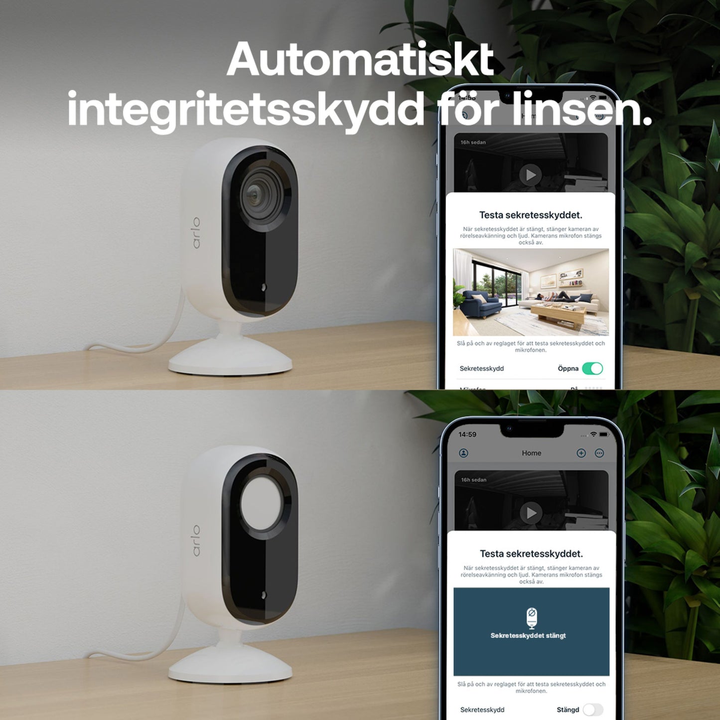 Arlo Essential 3 2K indendørs overvågningskamera 2-pak med åben/lukket linse og app-visning af automatisk kameralukker.