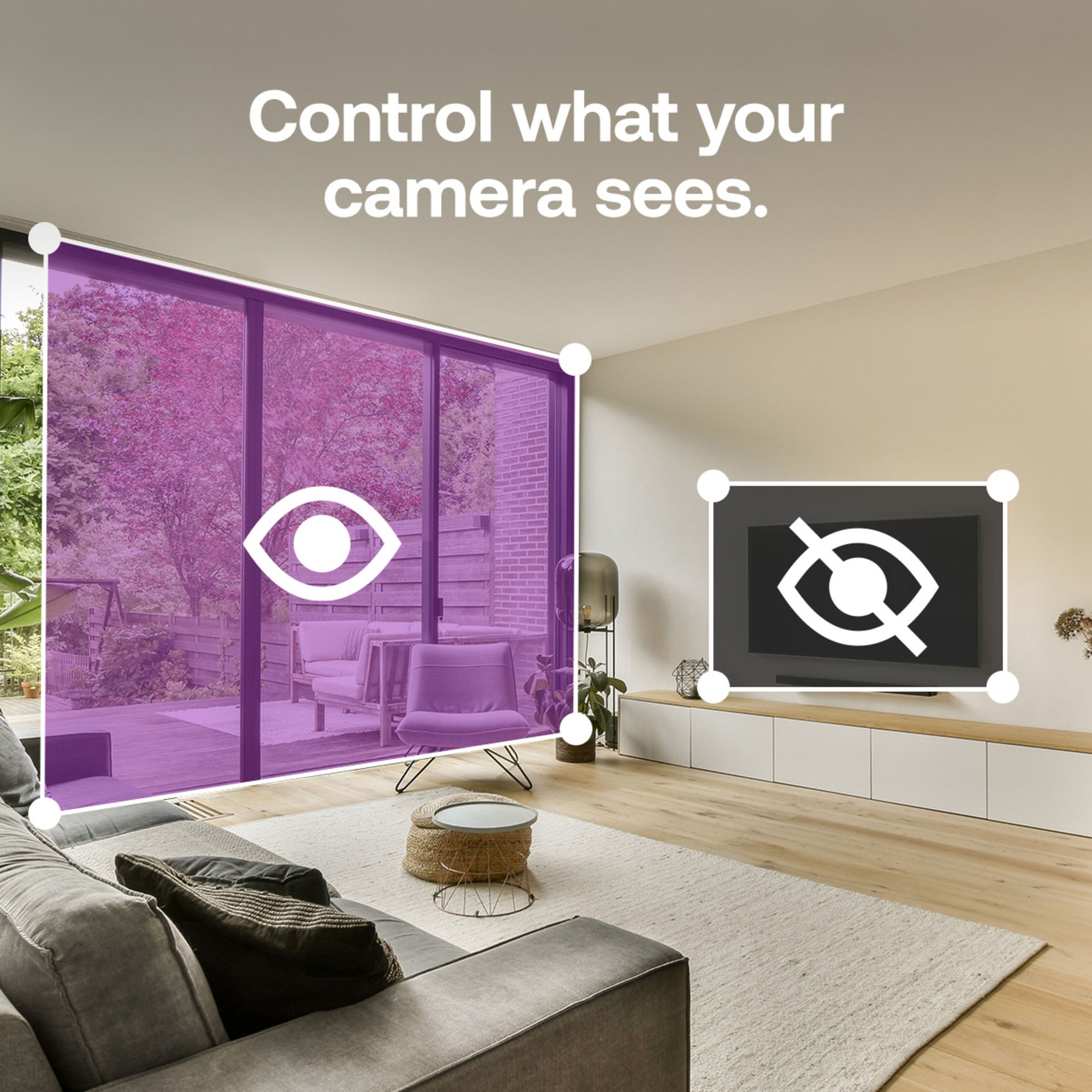 Arlo Essential 3 2K overvågningskamera indendørs 2-pak ved vindue med lilla filter, tv viser overstregede øje-ikon.