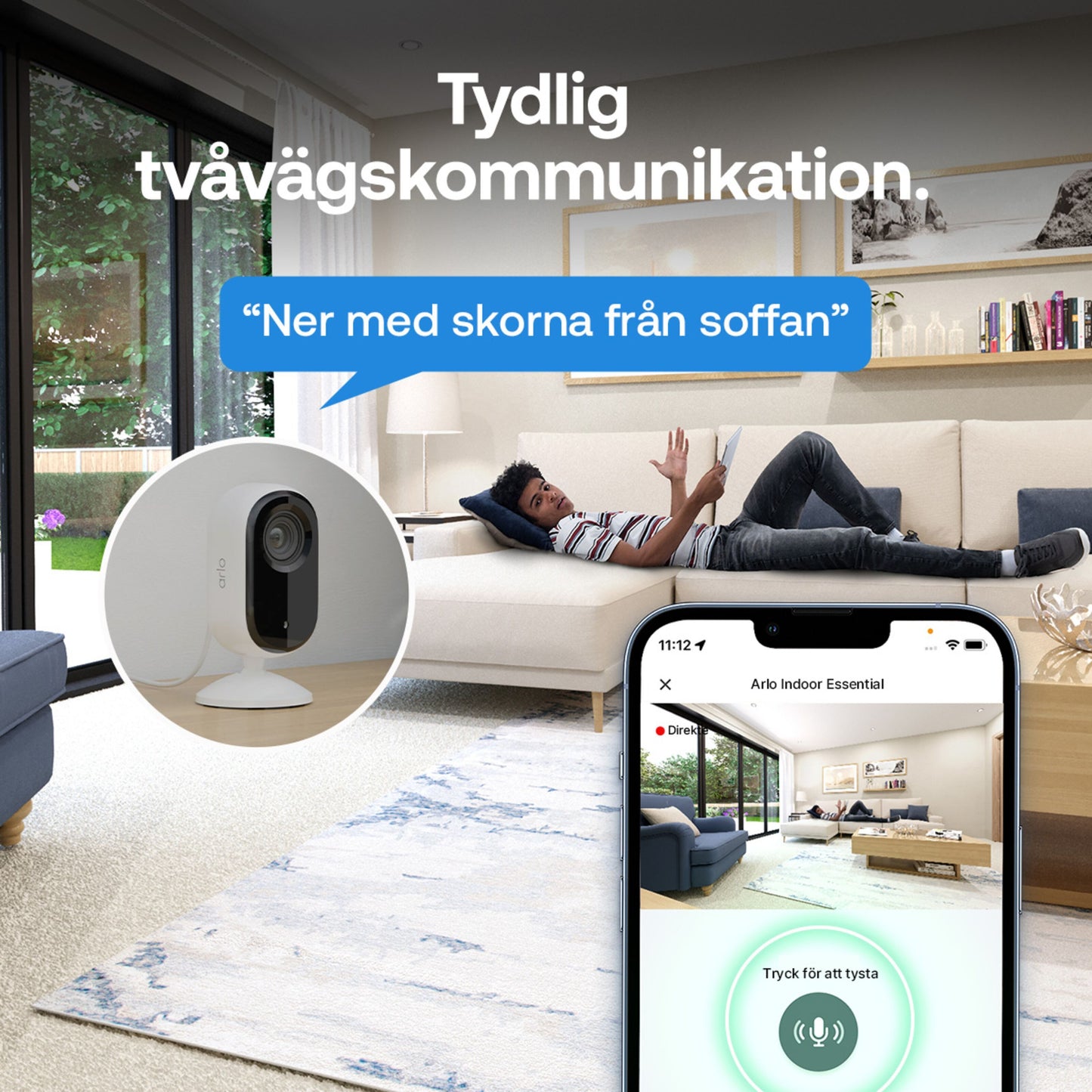 Arlo Essential 3 2K indendørs overvågningskamera 2-pak på bord, mobil viser live-feed, tekst: Klar tovejskommunikation.