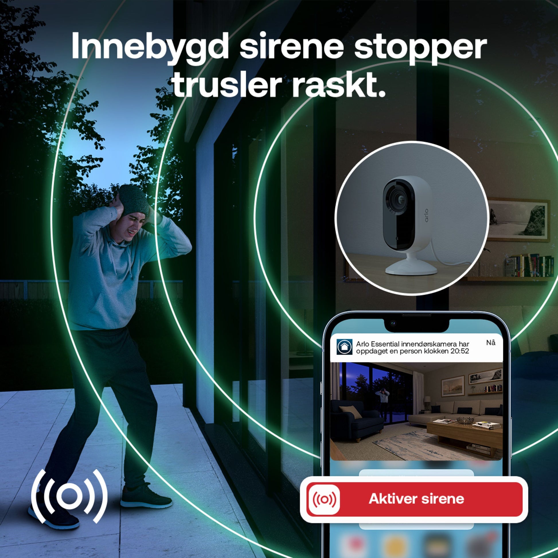 Arlo Essential 3 2K overvågningskamera indendørs 2-pak, smartphone med advarsel, tekst: Innebygd sirene stopper trusler.
