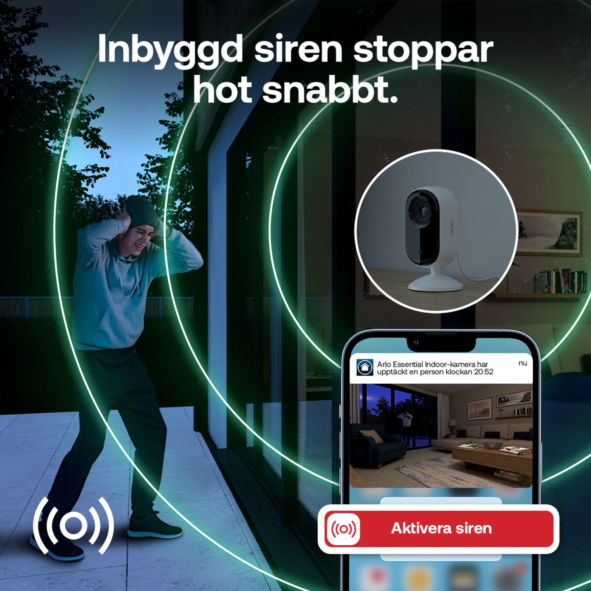 Arlo Essential 3 2K overvågningskamera indendørs 2-pak, kamera og mobil med alarm, svensk tekst på skærm.