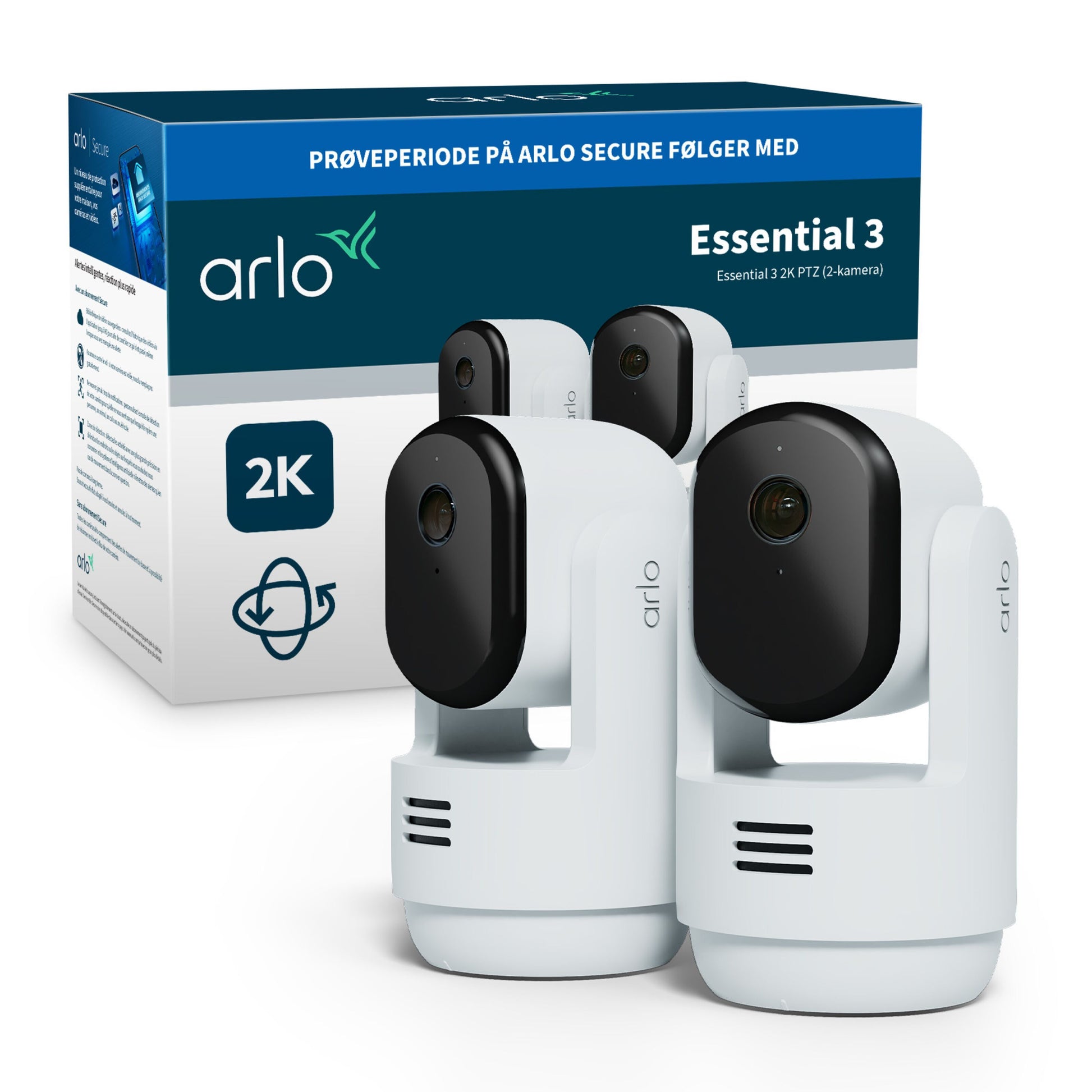 Arlo Essential 3 2K PTZ overvågningskameraer hvid med sorte linser, til stk foran blå-hvid kasse med Arlo-logo.