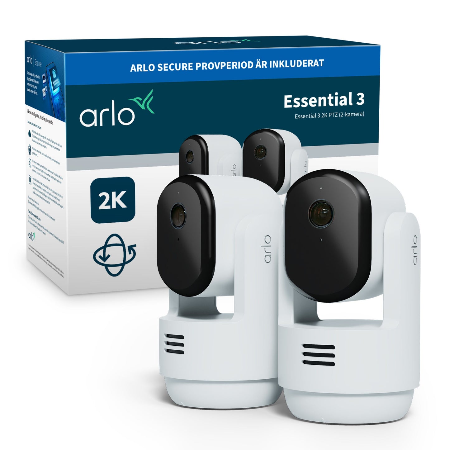 Arlo Essential 3 2K PTZ overvågningskamera 2-pak til indendørs brug, æske med svensk tekst om 2K-opløsning og overvågning.