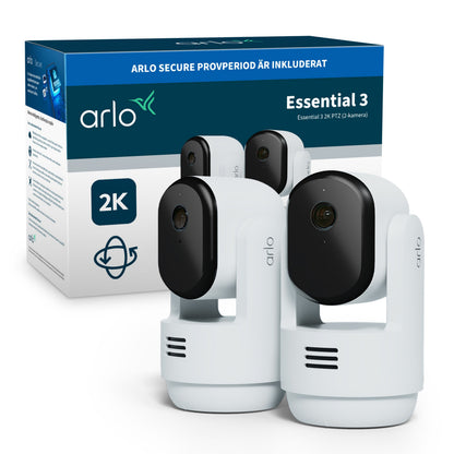 Arlo Essential 3 2K PTZ overvågningskamera 2-pak til indendørs brug, æske med svensk tekst om 2K-opløsning og overvågning.