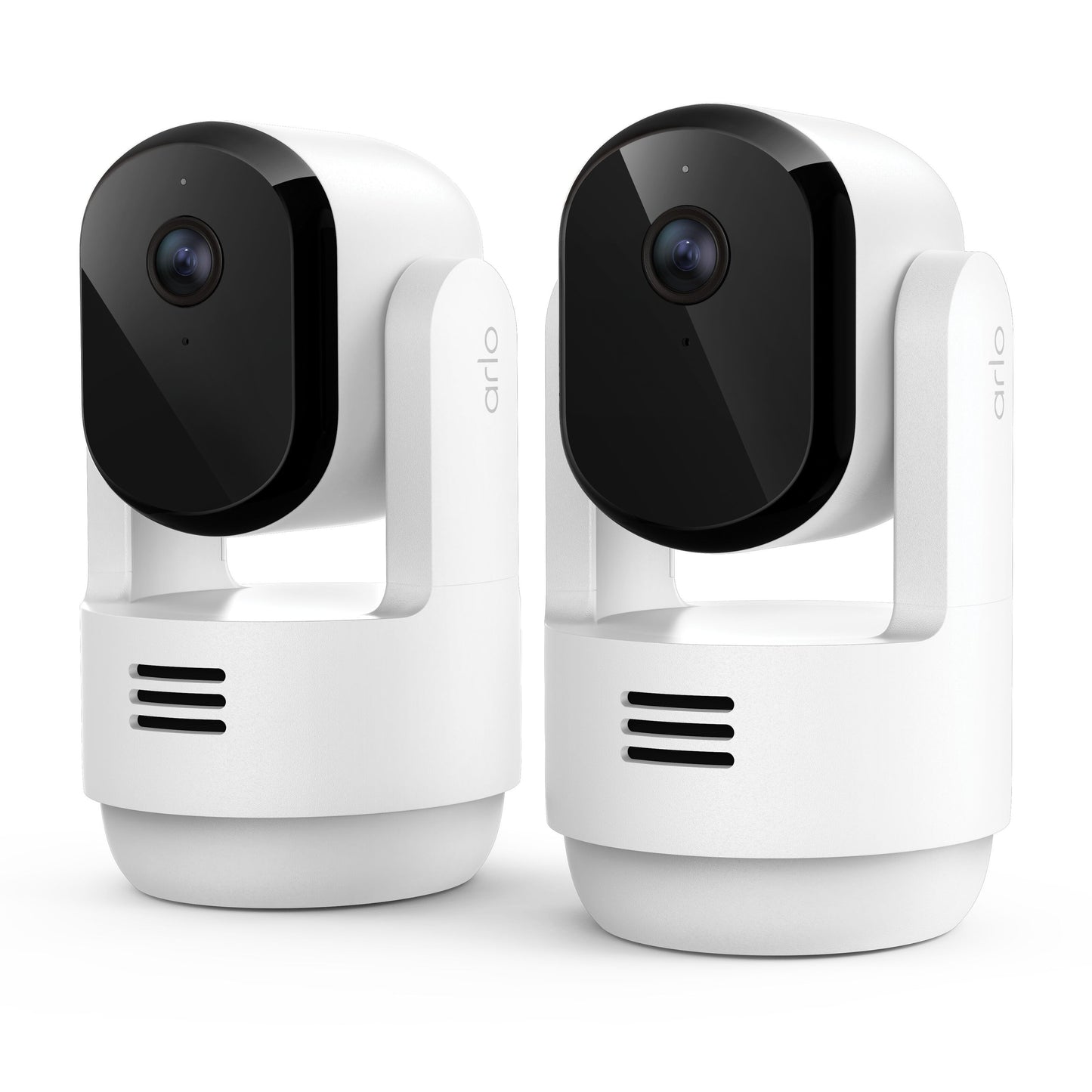 Arlo Essential 3 2K PTZ indendørs overvågningskamera 2-pak med sorte roterende linser og pan-tilt funktion.