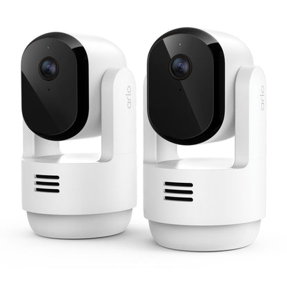 Arlo Essential 3 2K PTZ indendørs overvågningskamera 2-pak med sorte roterende linser og pan-tilt funktion.