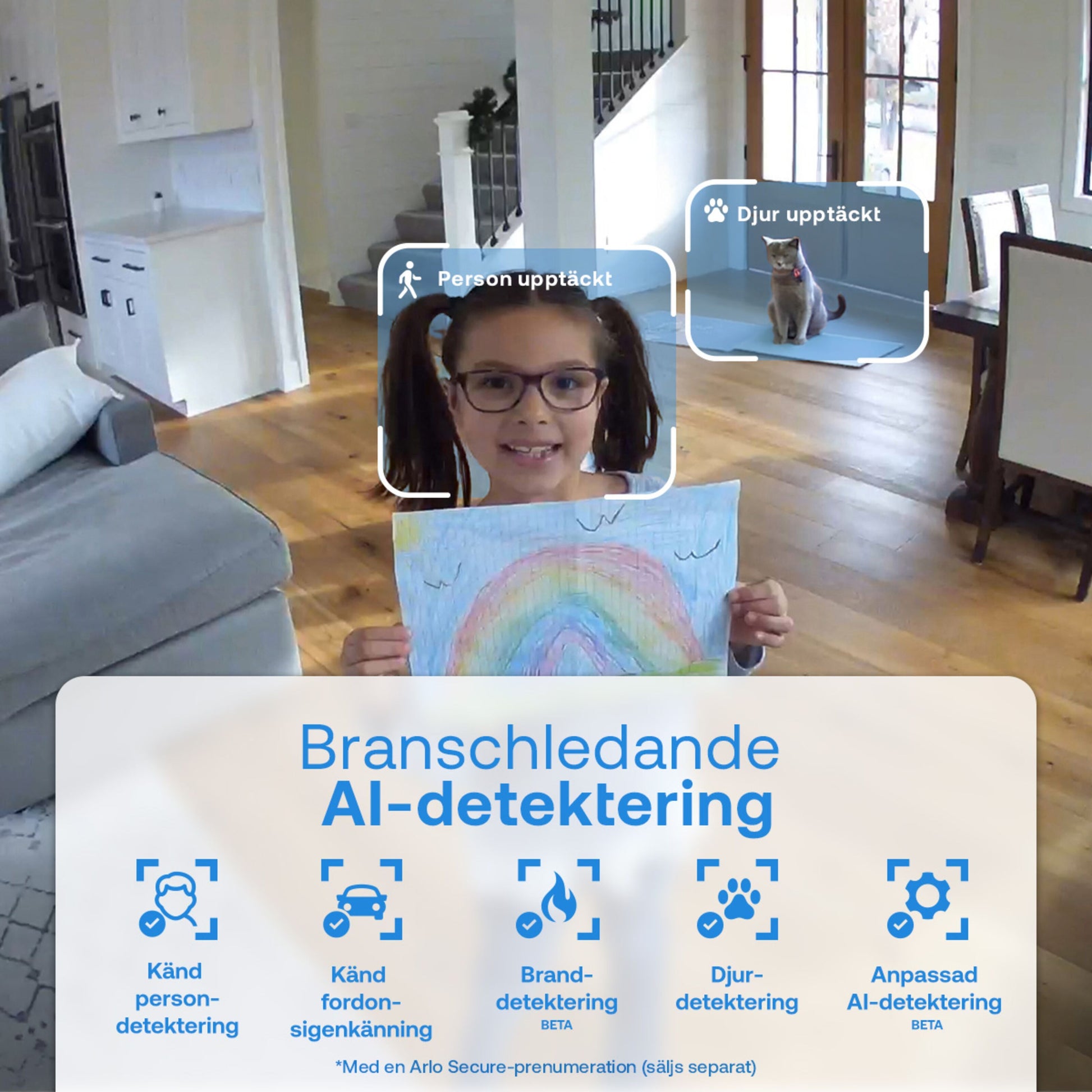 Arlo Essential 3 2K PTZ overvågningskamera indendørs, AI-ikoner til person-, brand-, og dyregenkendelse vises på skærmen.