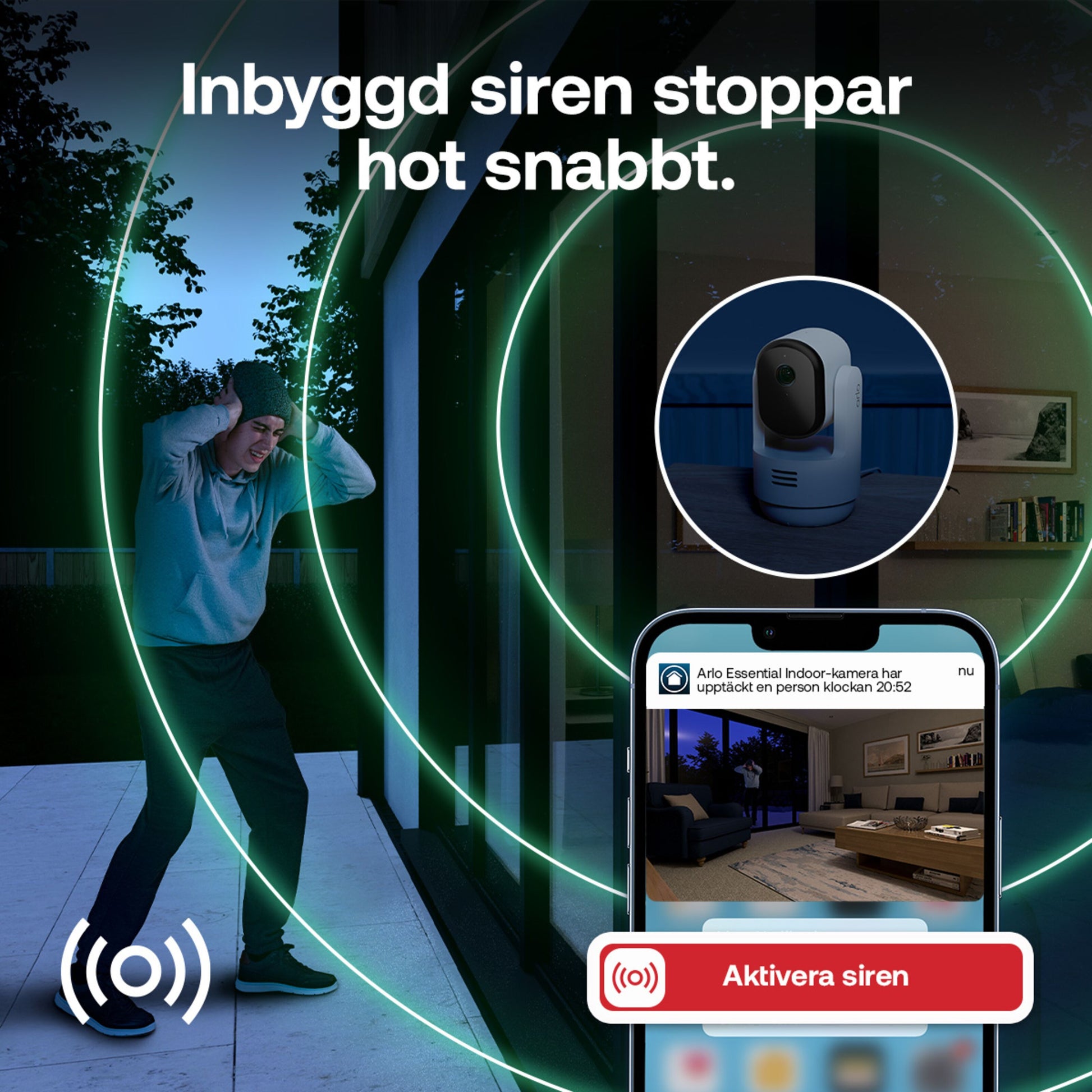 Arlo Essential 3 2K PTZ Overvågningskamera 2-pak med telefonalarm "Aktivera siren", svensk tekst om indbygget sirene.