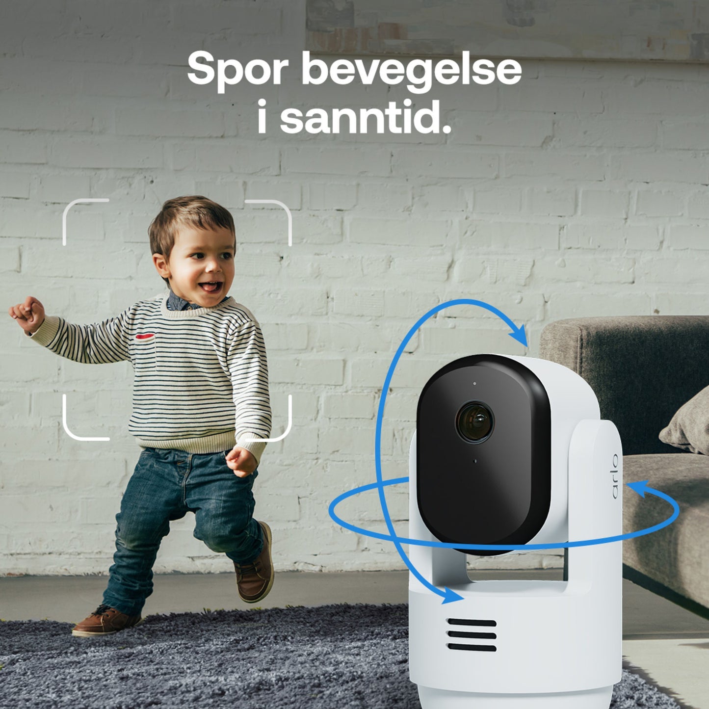 Arlo Essential 3 2K PTZ indendørs overvågningskamera 2-pak følger barn der leger, tekst: Spor bevægelse i realtid.
