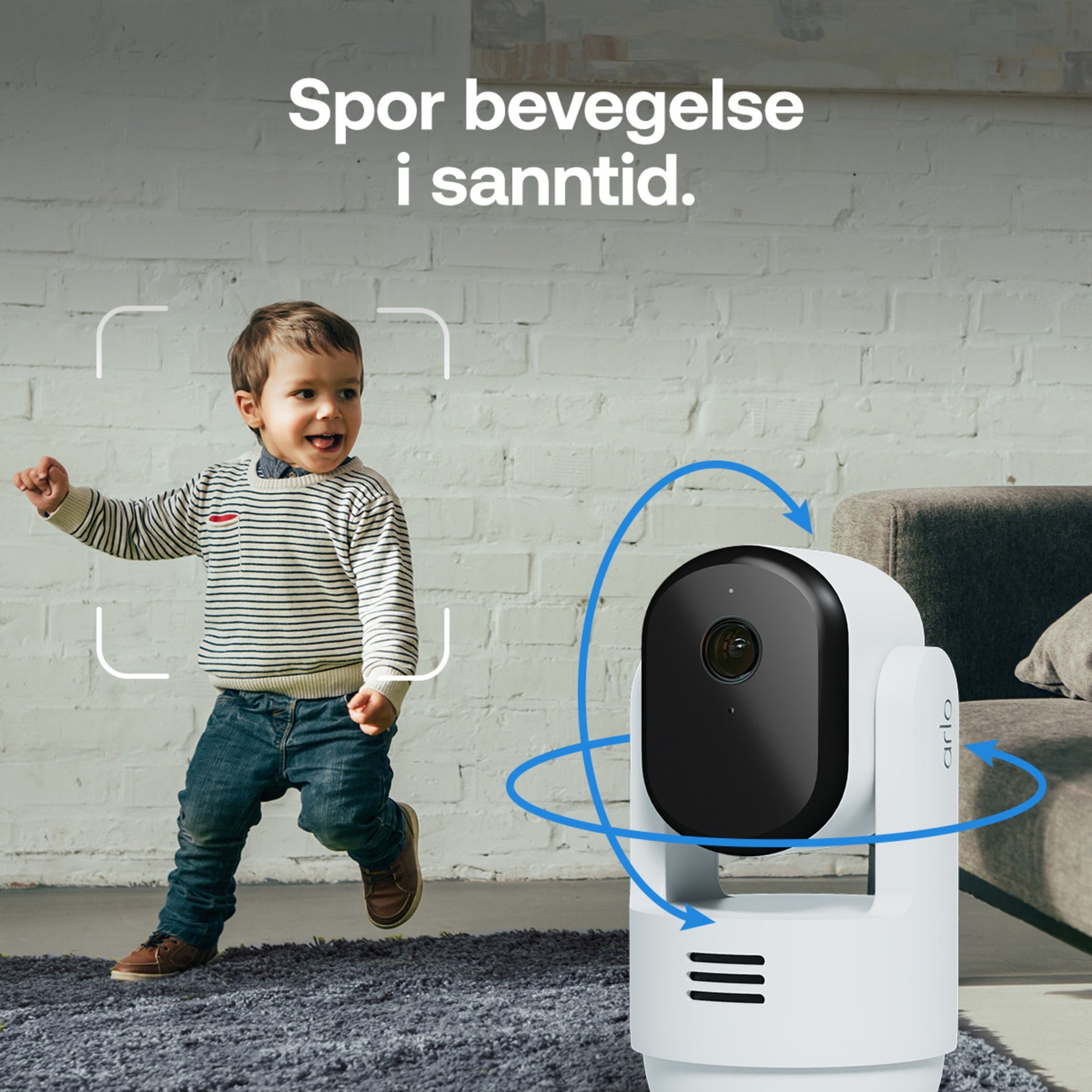Arlo Essential 3 2K PTZ indendørs overvågningskamera 2-pak følger barn der leger, tekst: Spor bevægelse i realtid.