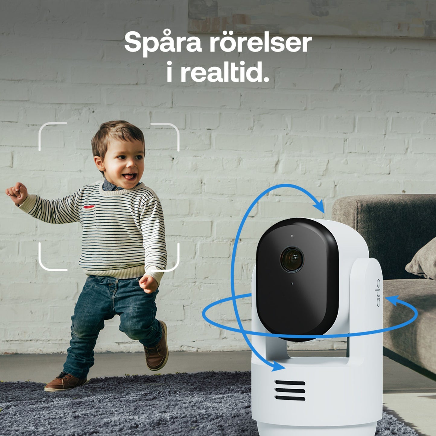 Arlo Essential 3 2K PTZ overvågningskamera indendørs 2-pak, synlig bevægelsessporing, svensk tekst: Spåra rörelser i realtid.