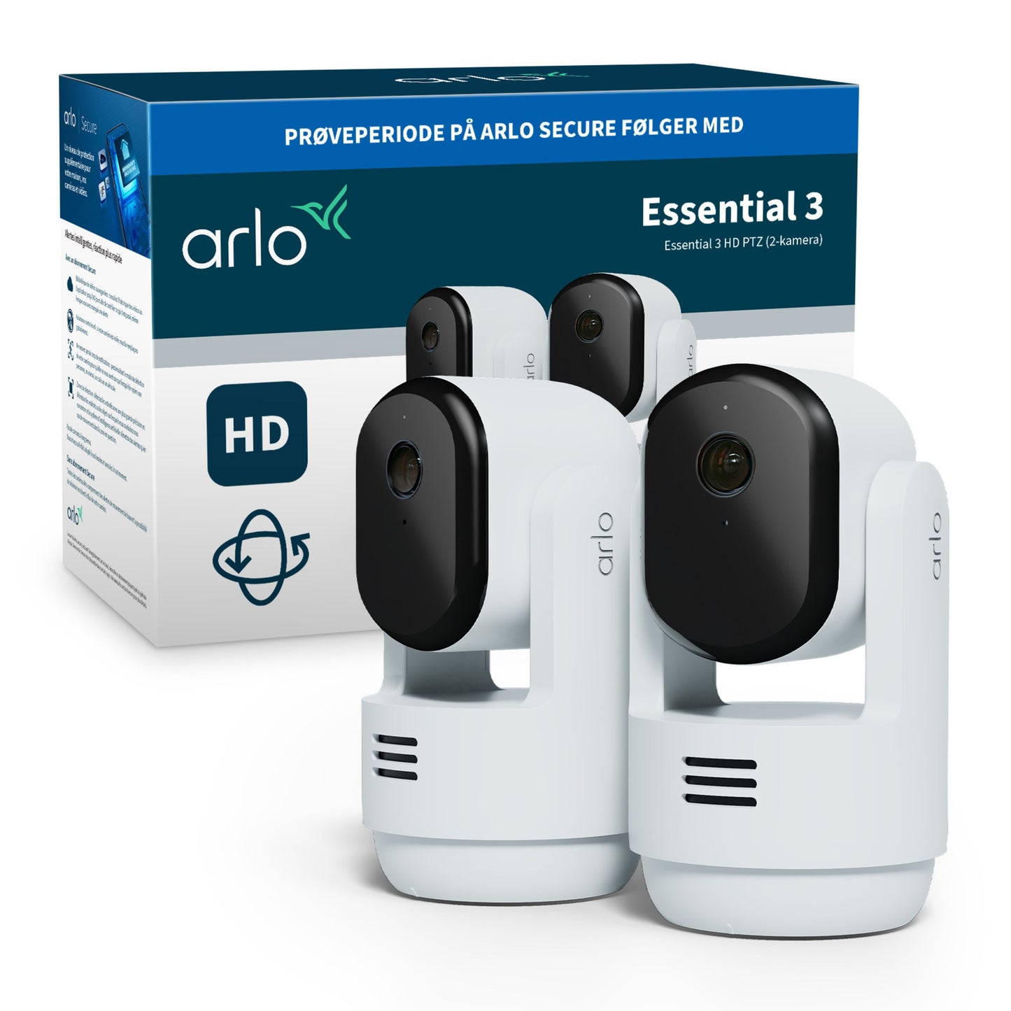Arlo Essential 3 HD PTZ indendørs overvågningskamera 2-pak med sorte linsehousings, trådløs Wi-Fi, foran original æske.