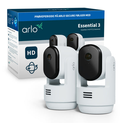 Arlo Essential 3 HD PTZ indendørs overvågningskamera 2-pak med sorte linsehousings, trådløs Wi-Fi, foran original æske.
