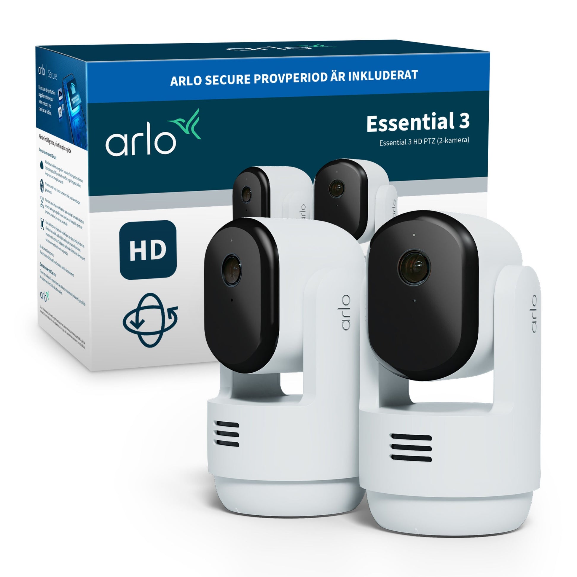 Arlo Essential 3 HD PTZ overvågningskamera indendørs 2-pak foran emballage med Arlo-logo og "ARLO SECURE PRØVEPERIODE ER INKLUDERET.