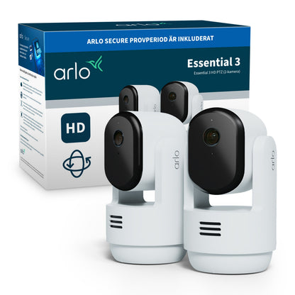 Arlo Essential 3 HD PTZ overvågningskamera indendørs 2-pak foran emballage med Arlo-logo og "ARLO SECURE PRØVEPERIODE ER INKLUDERET.