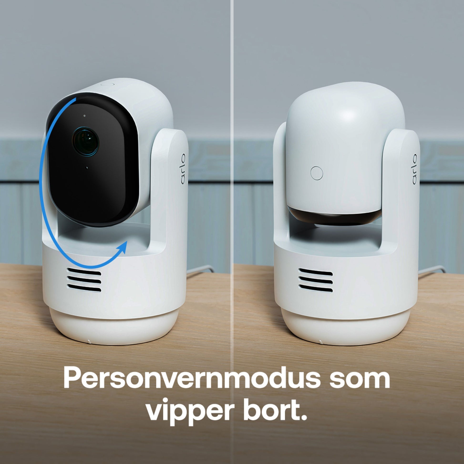 Arlo Essential 3 HD PTZ indendørs overvågningskamera 2-pak, ét kamera med synlig linse, ét i privacy mode med dæksel.