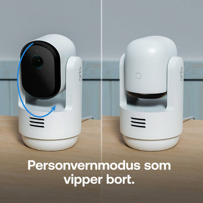 Arlo Essential 3 HD PTZ indendørs overvågningskamera 2-pak, ét kamera med synlig linse, ét i privacy mode med dæksel.