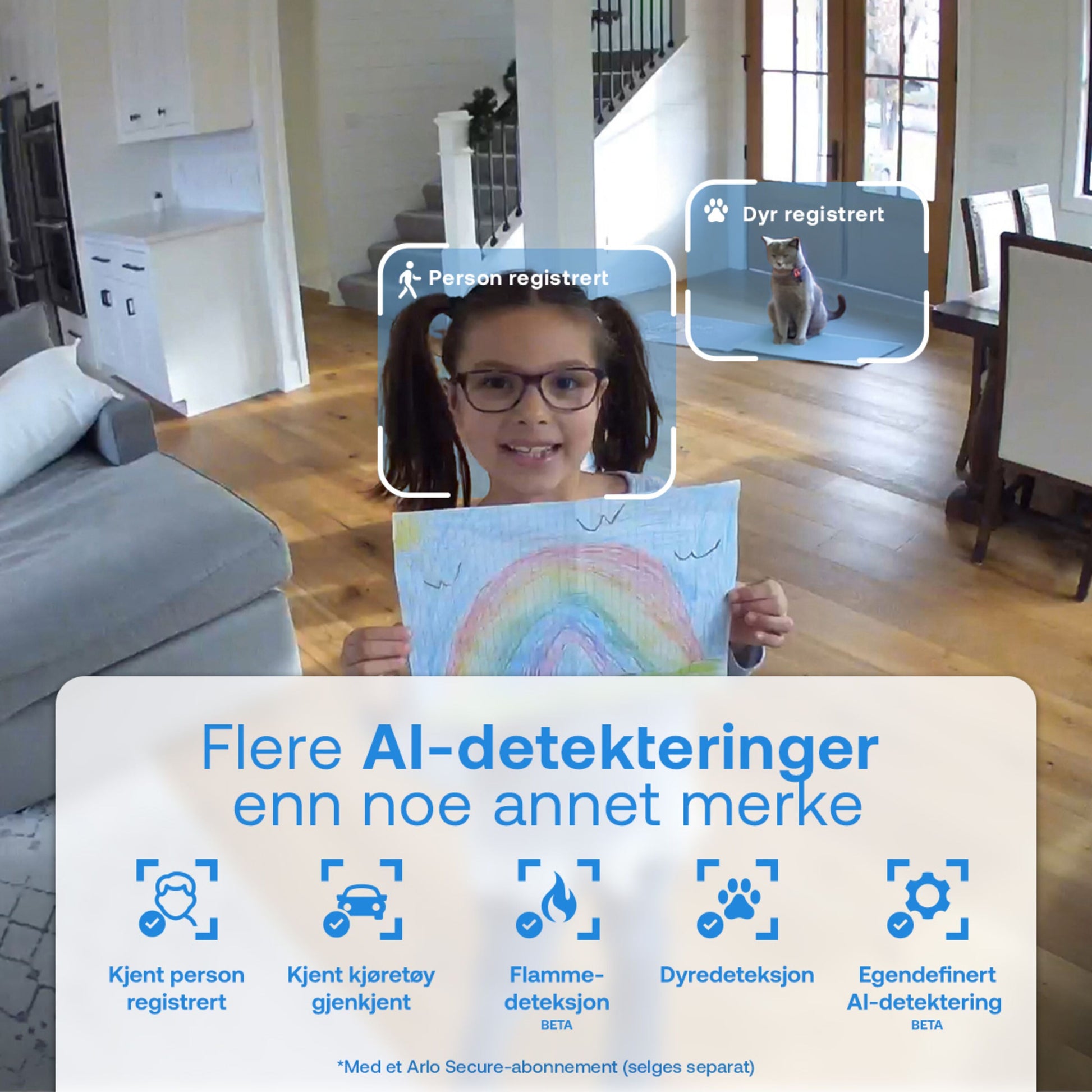 Arlo Essential 3 HD PTZ overvågningskamera 2-pak trådløs Wi-Fi, ikoner Person registreret og Dyr registreret, AI-fordele norsk tekst.