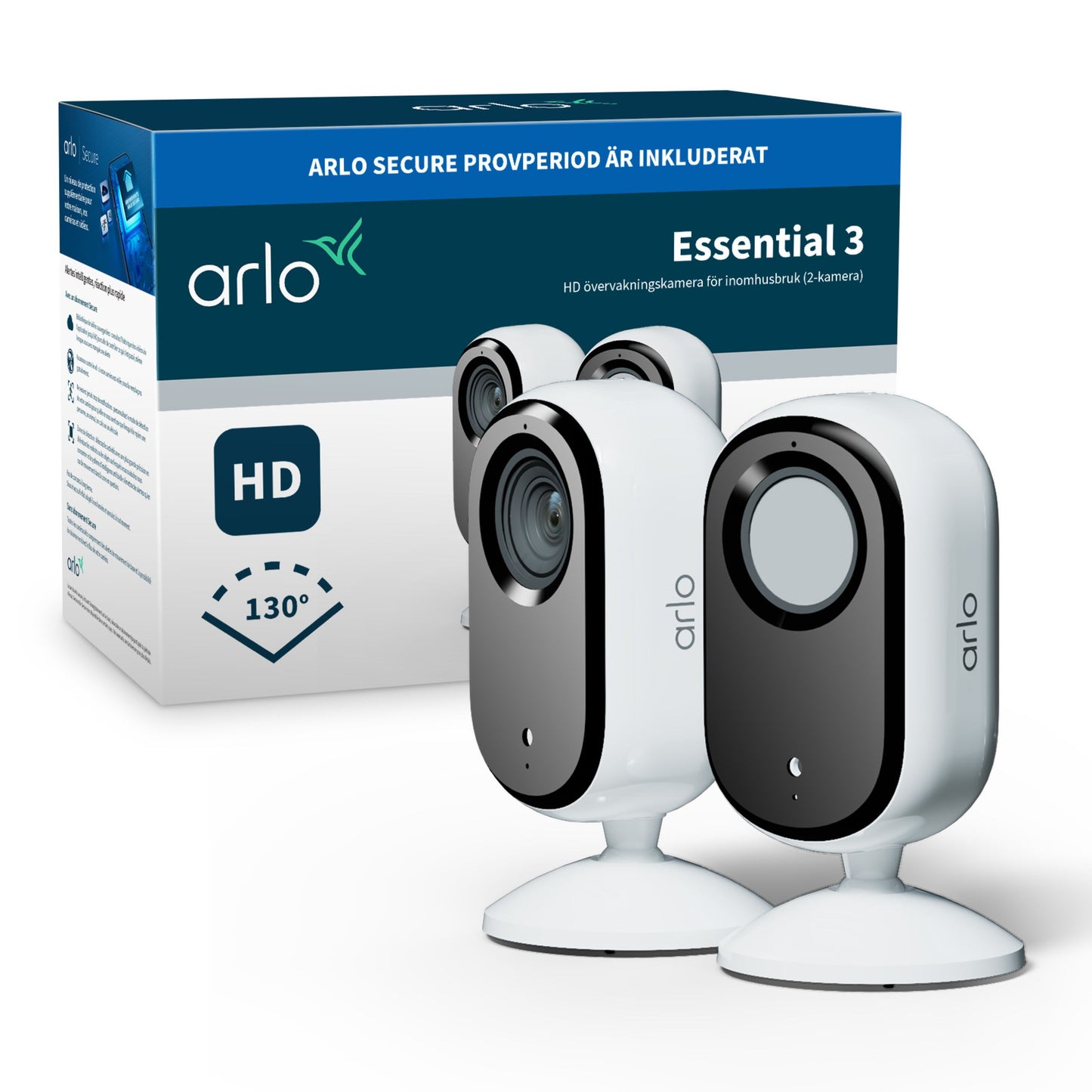 Arlo Essential 3 HD PTZ indendørs overvågningskamera 2-pak, 130° synsfelt, inkl. prøveperiode på Arlo Secure.