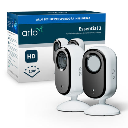 Arlo Essential 3 HD PTZ indendørs overvågningskamera 2-pak, 130° synsfelt, inkl. prøveperiode på Arlo Secure.