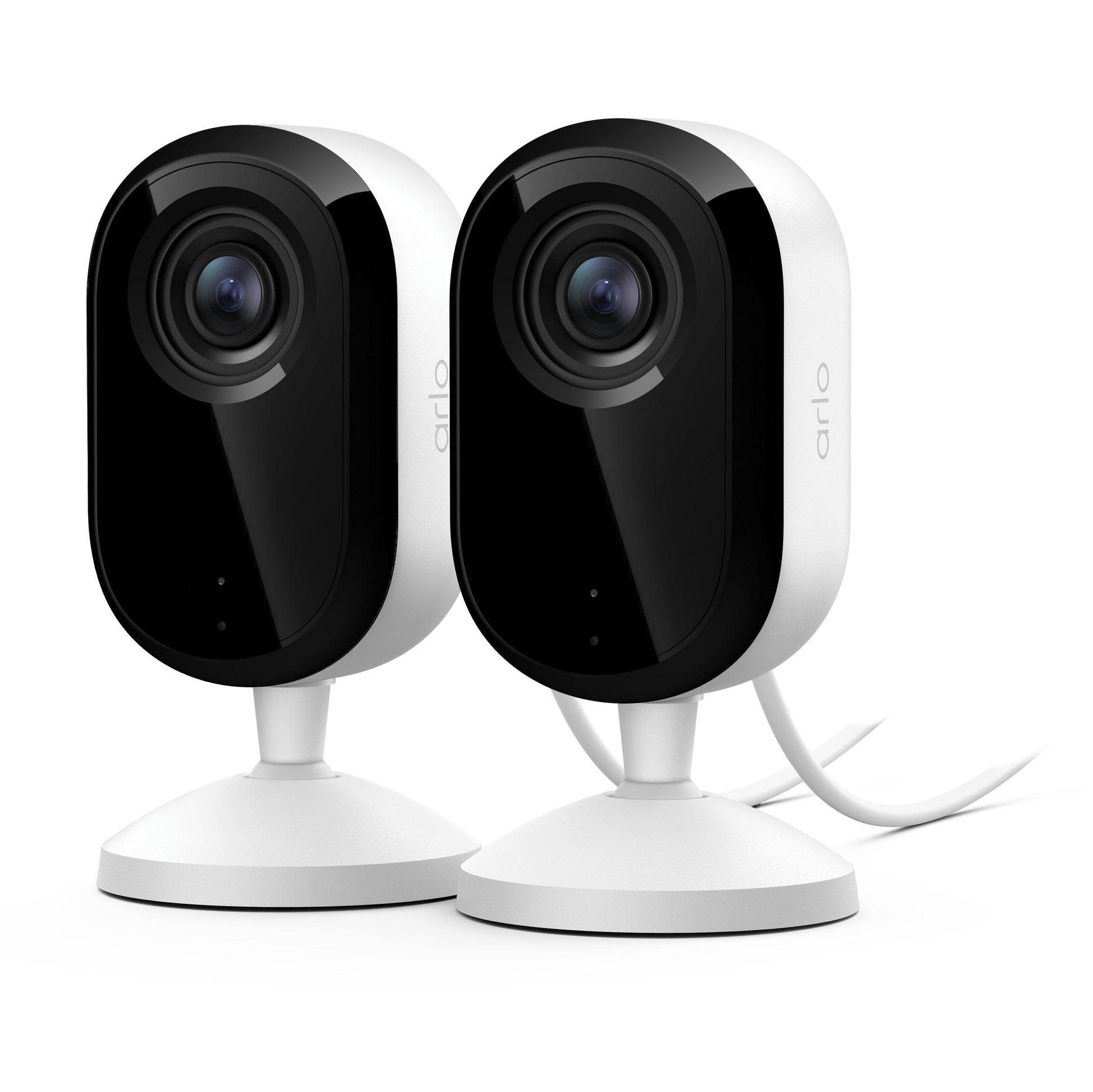 Arlo Essential 3 HD PTZ indendørs overvågningskamera 2-pak, runde linser, hvide baser, ét kamera med synligt strømkabel bagpå.