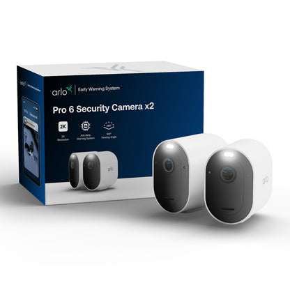 Arlo Pro 6 trådløse overvågningskameraer foran emballage med 2K opløsning, AI advarsel og nattevisning.