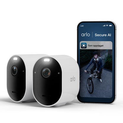Arlo Pro 6 trådløst overvågningskamera 2-pack ved smartphone med Arlo-app og teksten Tom oppdaget på skærmen.