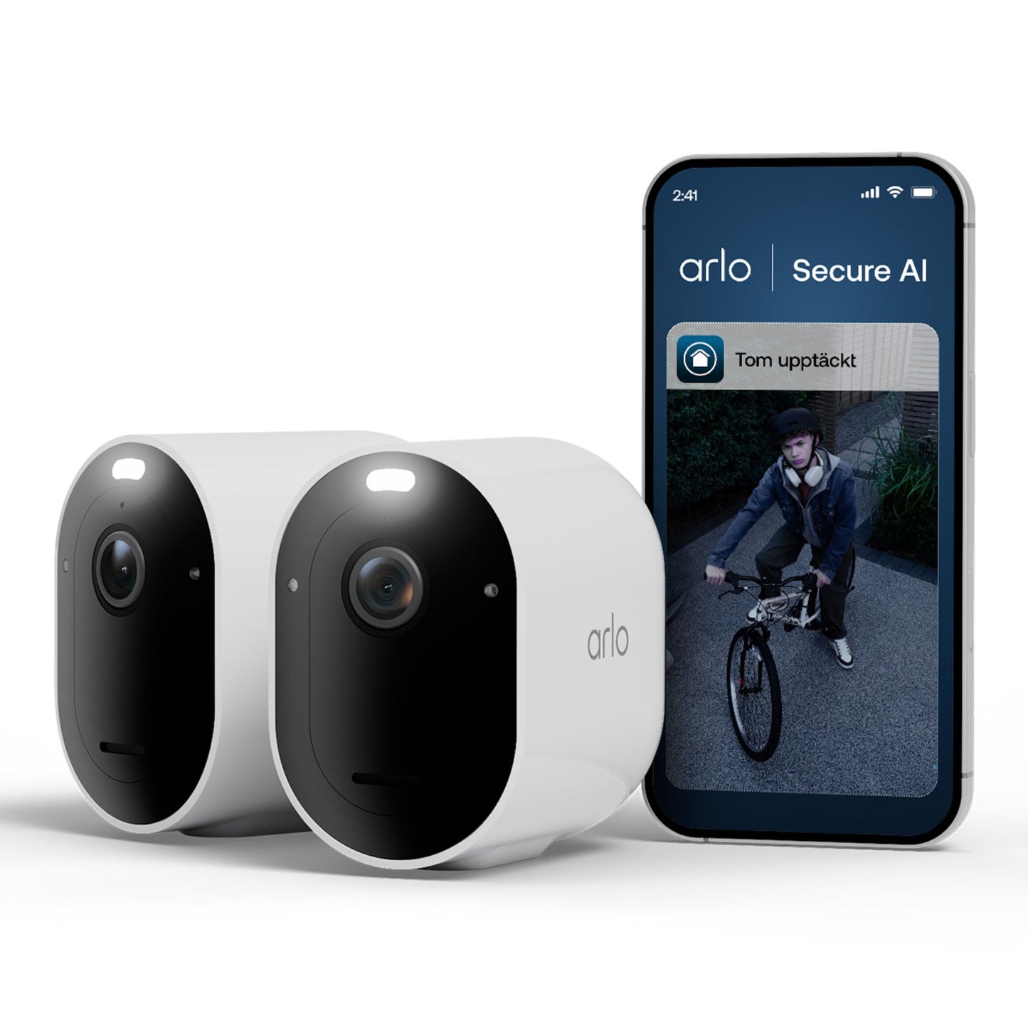 Arlo Pro 6 trådløst overvågningskamera 2-pack ved siden af smartphone med sikkerhedsadvarsel og tekst "Tom upptäckt.