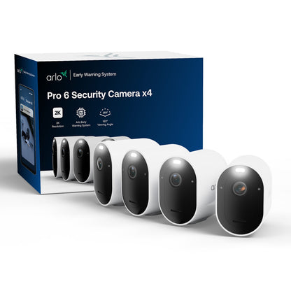 Arlo Pro 6 trådløs overvågningskamera 4-pak, hvide/sorte kameraer, 2K-opløsning, AI-detektion, 160° synsvinkel.