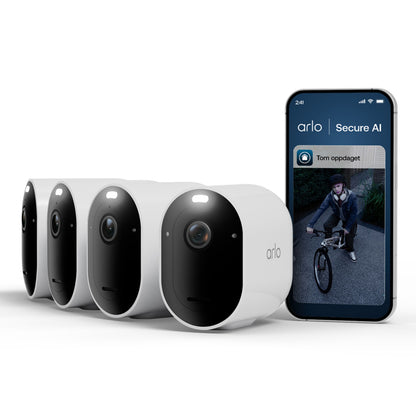 Arlo Pro 6 trådløse overvågningskameraer med smartphone, der viser live video i Arlo-appen.