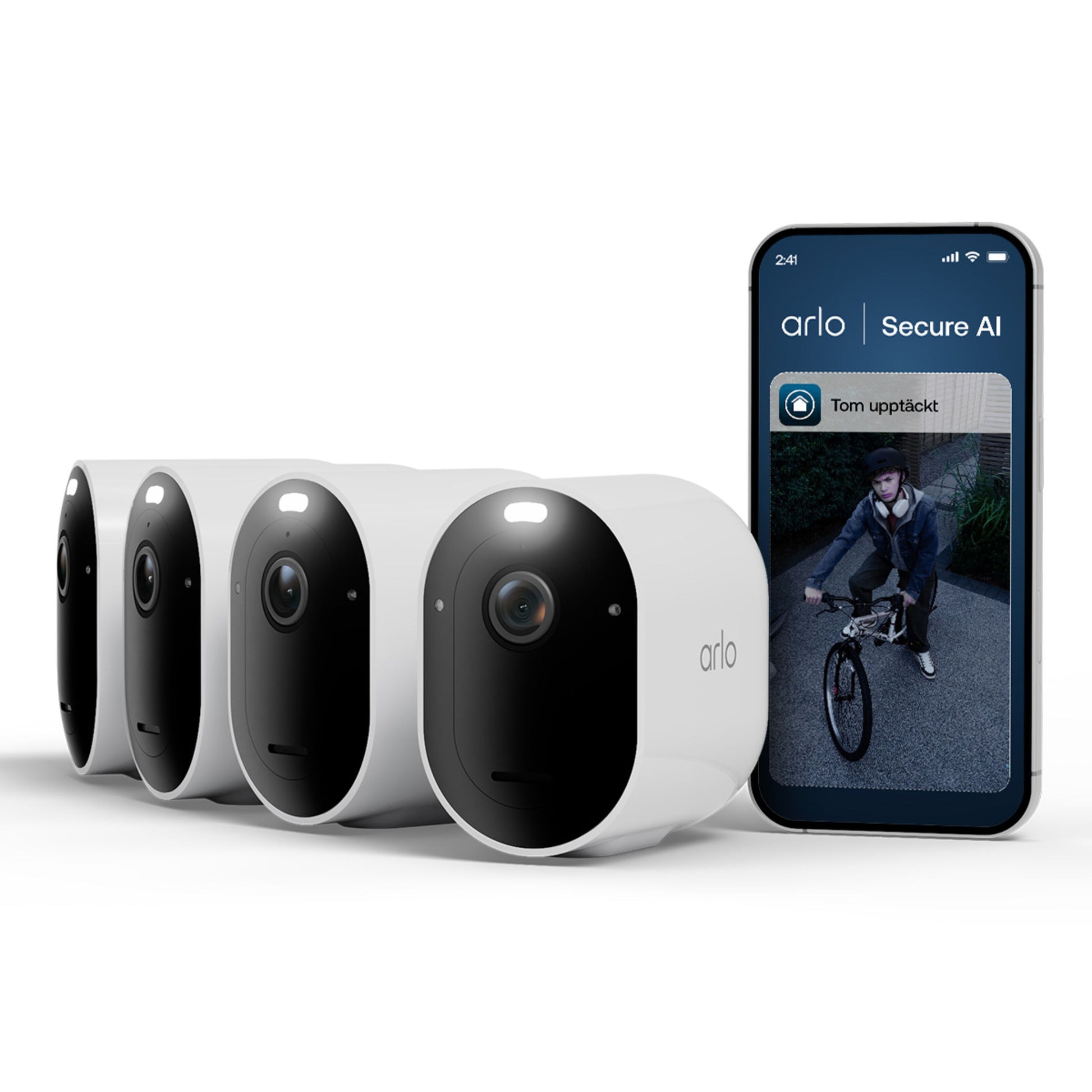 Arlo Pro 6 trådløs overvågningskamera 4-pak ved siden af smartphone med sikkerhedsnotifikation "Tom upptäckt.