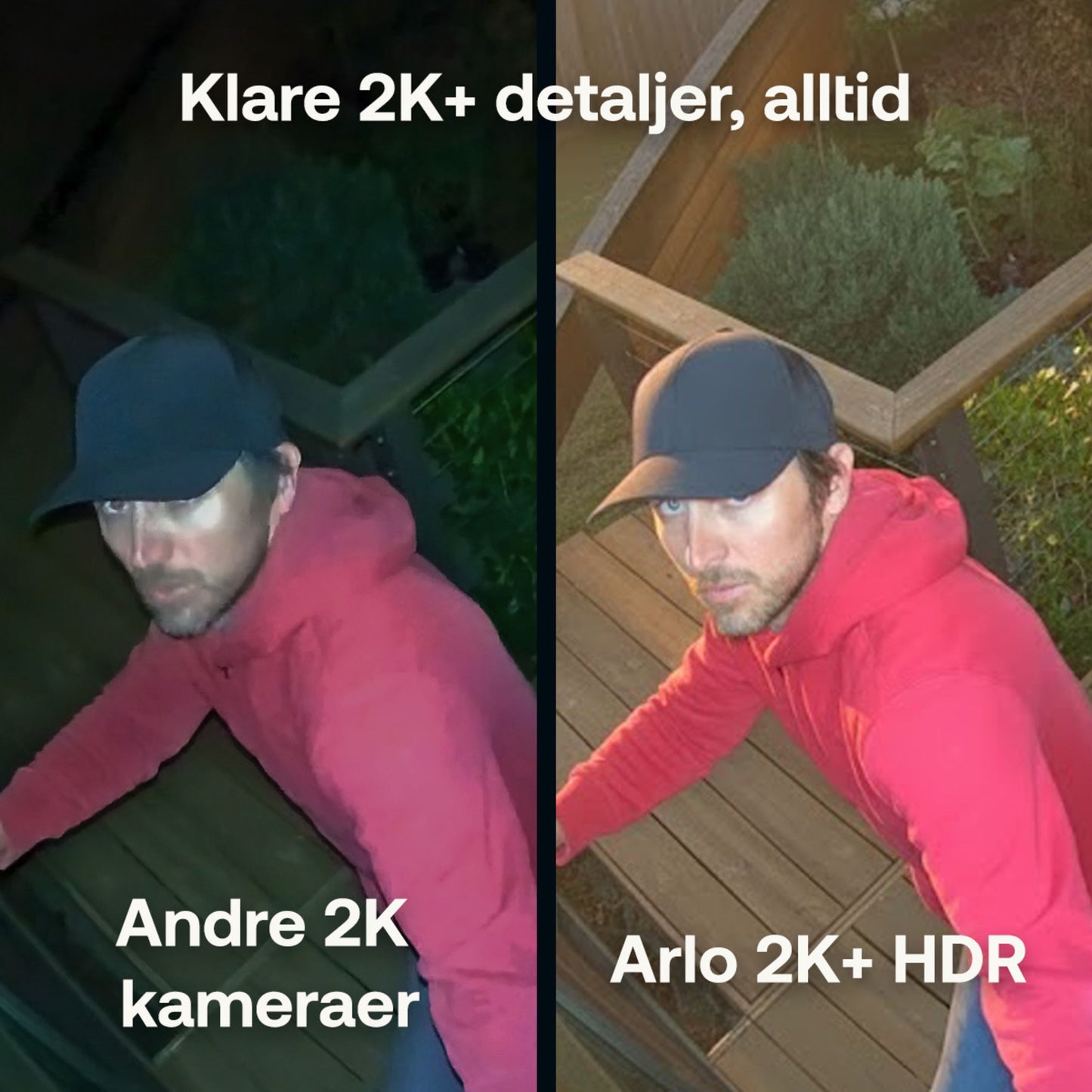 Sammenligning af overvågningsbilleder fra udendørs kamera, Arlo Pro 6 Trådløs 4-pak tydeligere billede, norske labels.