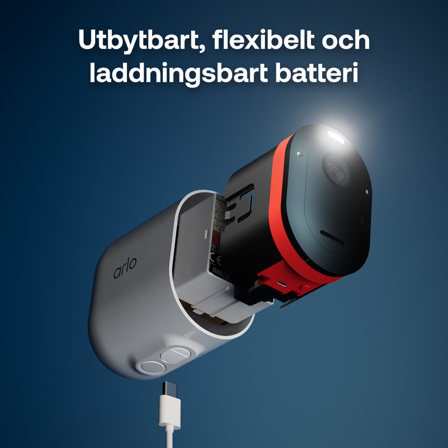 Arlo Pro 6 trådløst overvågningskamera 4-pak, aftageligt genopladeligt batteri indsættes, blå baggrund med svensk tekst.