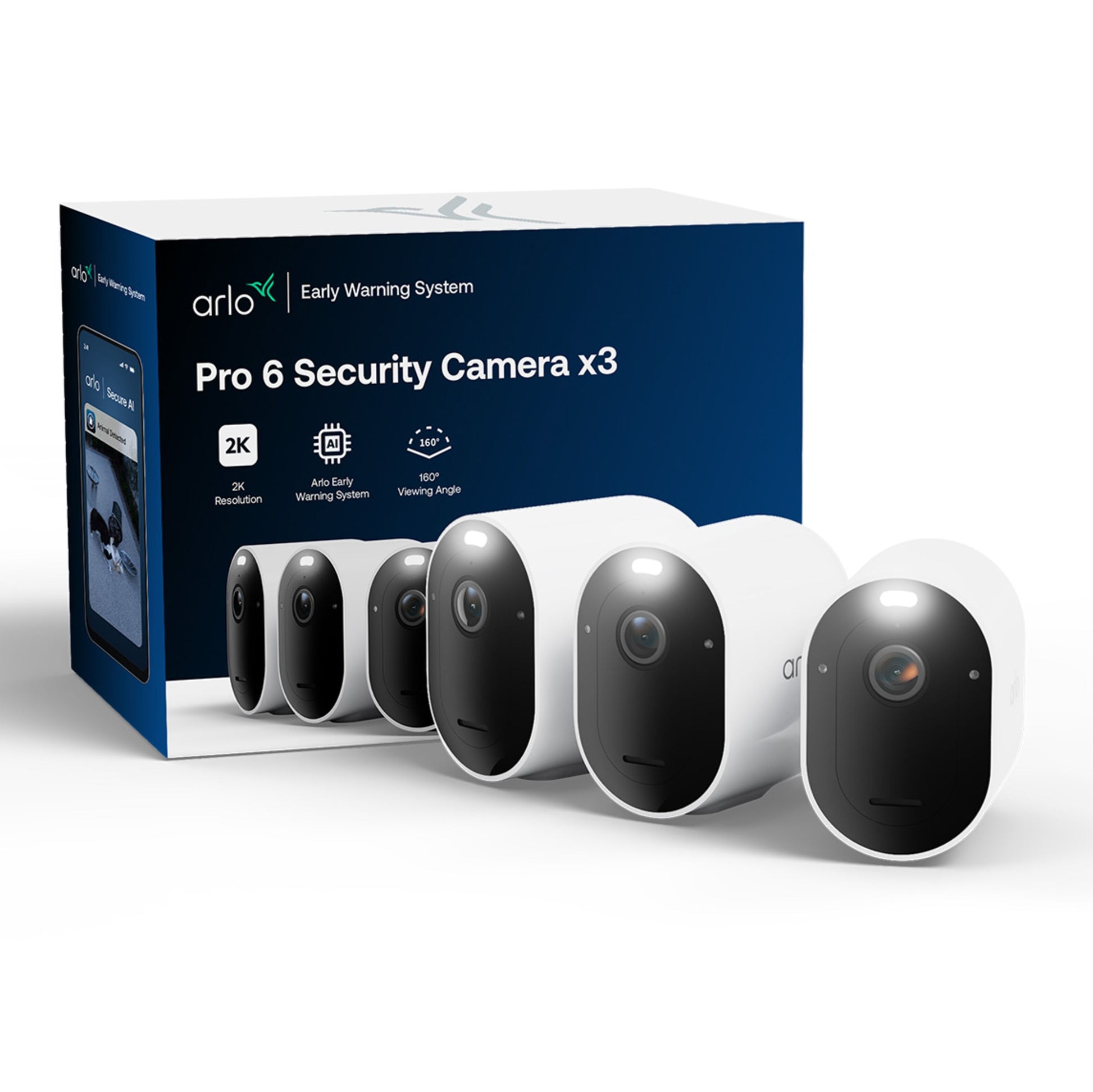 Arlo Pro 6 trådløse overvågningskameraer med 2K-opløsning, AI-advarsler, 160° synsvinkel og mobilapp, foran emballage.