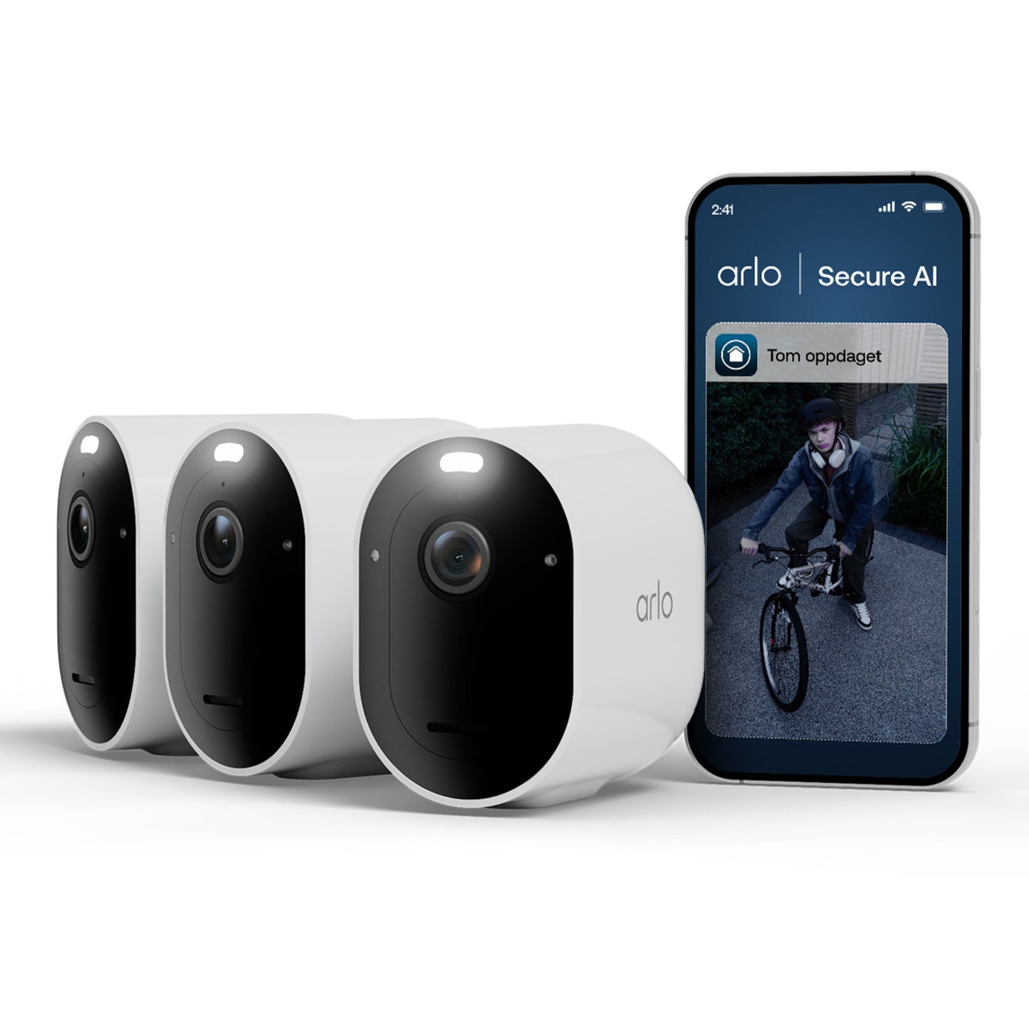 Arlo Pro 6 trådløst overvågningskamera 3-pak med smartphone der viser "Person detected"-notifikation.