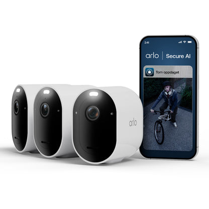 Arlo Pro 6 trådløst overvågningskamera 3-pak med smartphone der viser "Person detected"-notifikation.