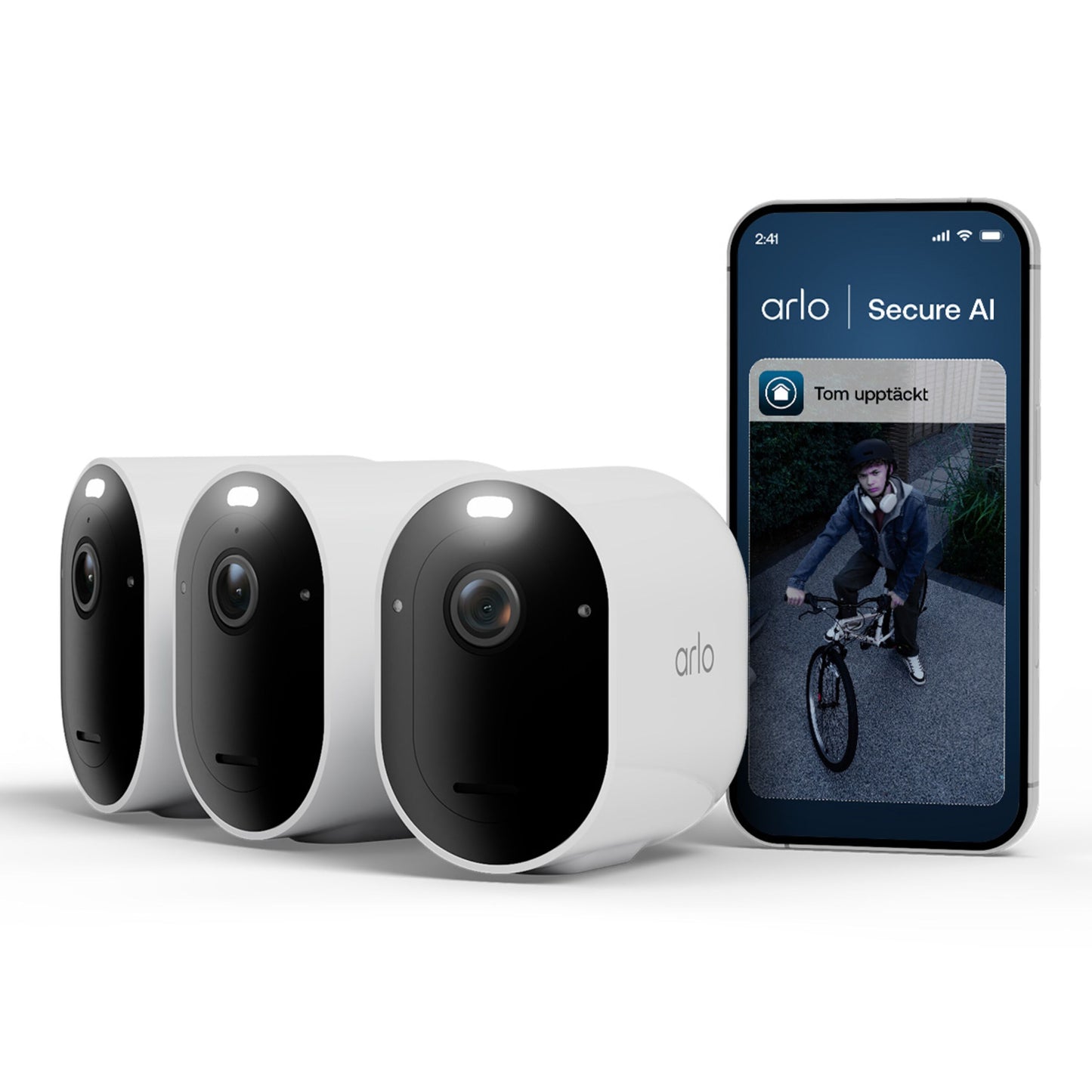 Arlo Pro 6 trådløs overvågningskamera 3-pak ved smartphone med Arlo-app advarsel om person med cykel opdaget.