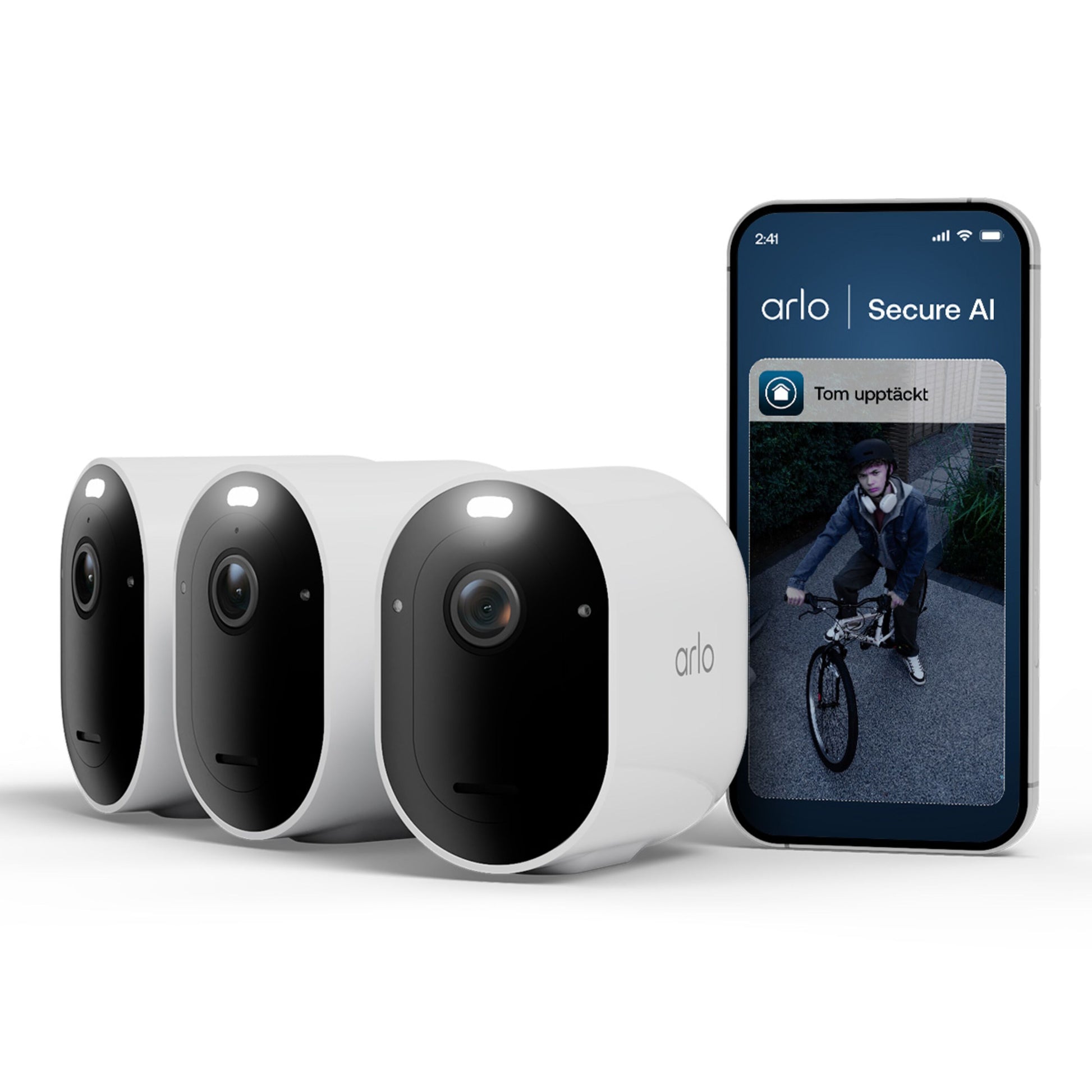 Arlo Pro 6 trådløs overvågningskamera 3-pak ved smartphone med Arlo-app advarsel om person med cykel opdaget.