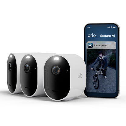 Arlo Pro 6 trådløs overvågningskamera 3-pak ved smartphone med Arlo-app advarsel om person med cykel opdaget.