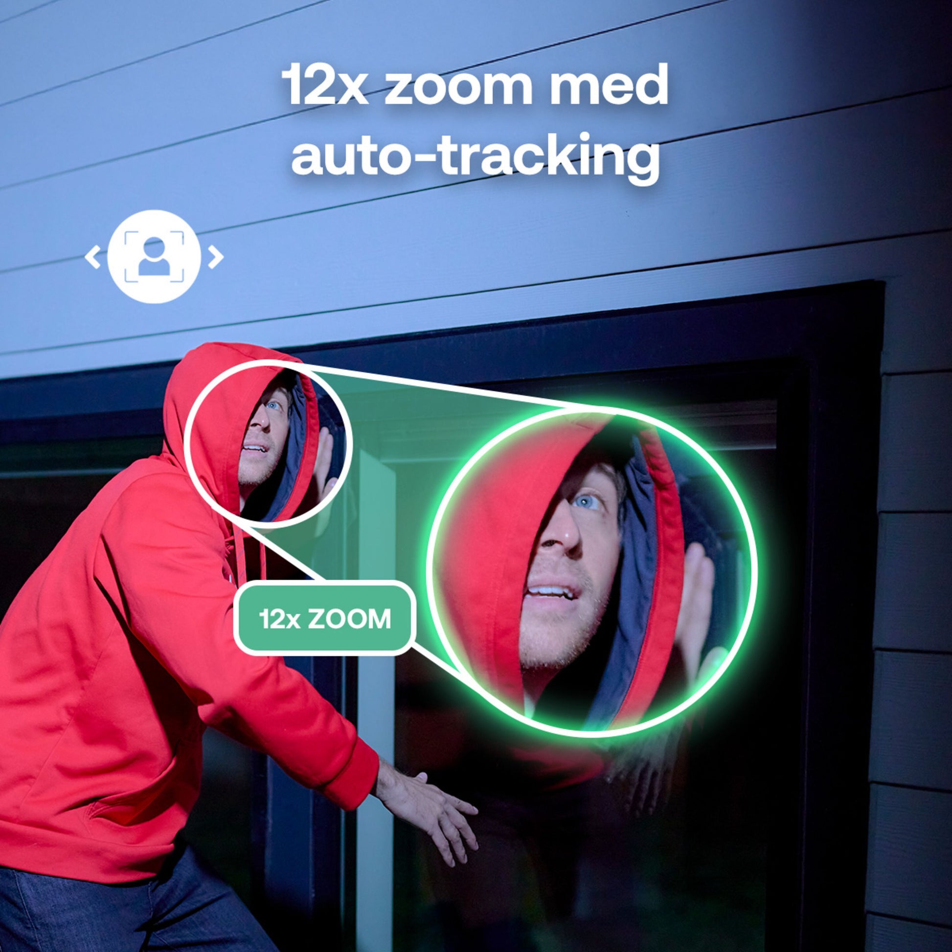 Arlo Pro 6 trådløst overvågningskamera 3-pak viser natoptagelse med 12x zoom, automatisk sporing og grafiske overlays.