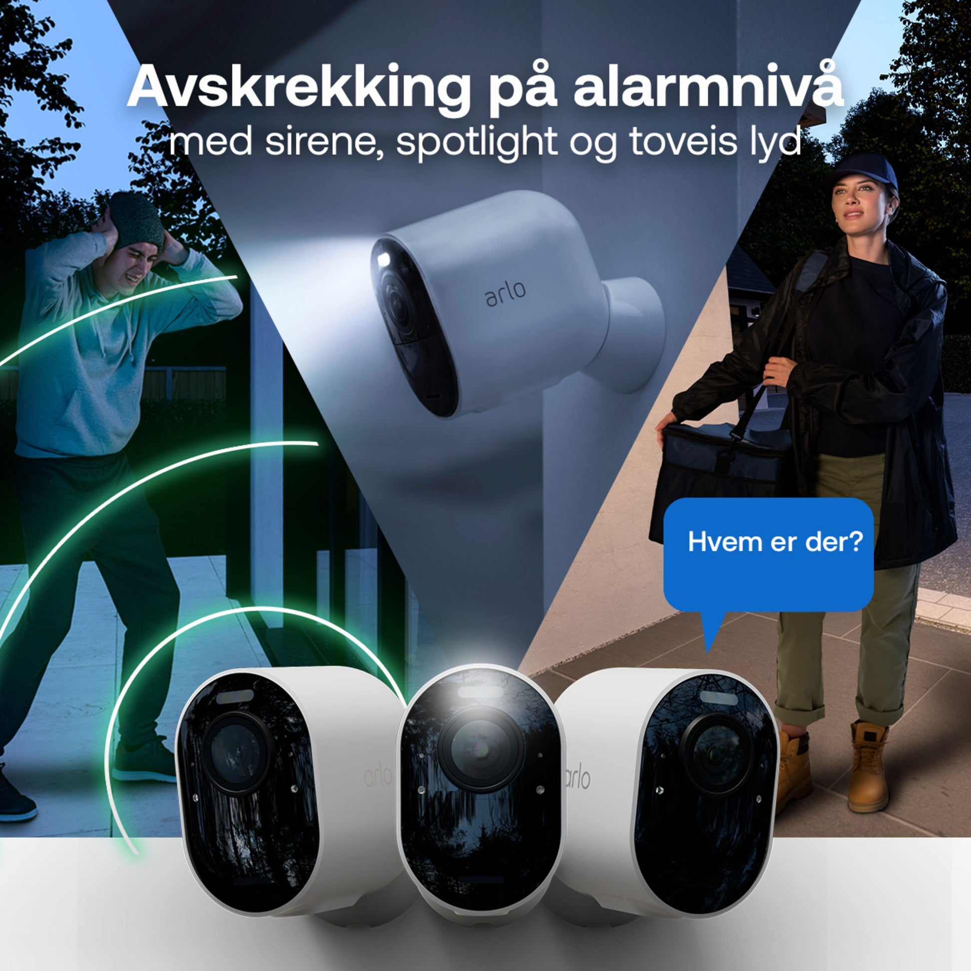 Arlo Pro 6 trådløst overvågningskamera 3-pak med sirene, spotlight, tovejskommunikation til udendørs brug.
