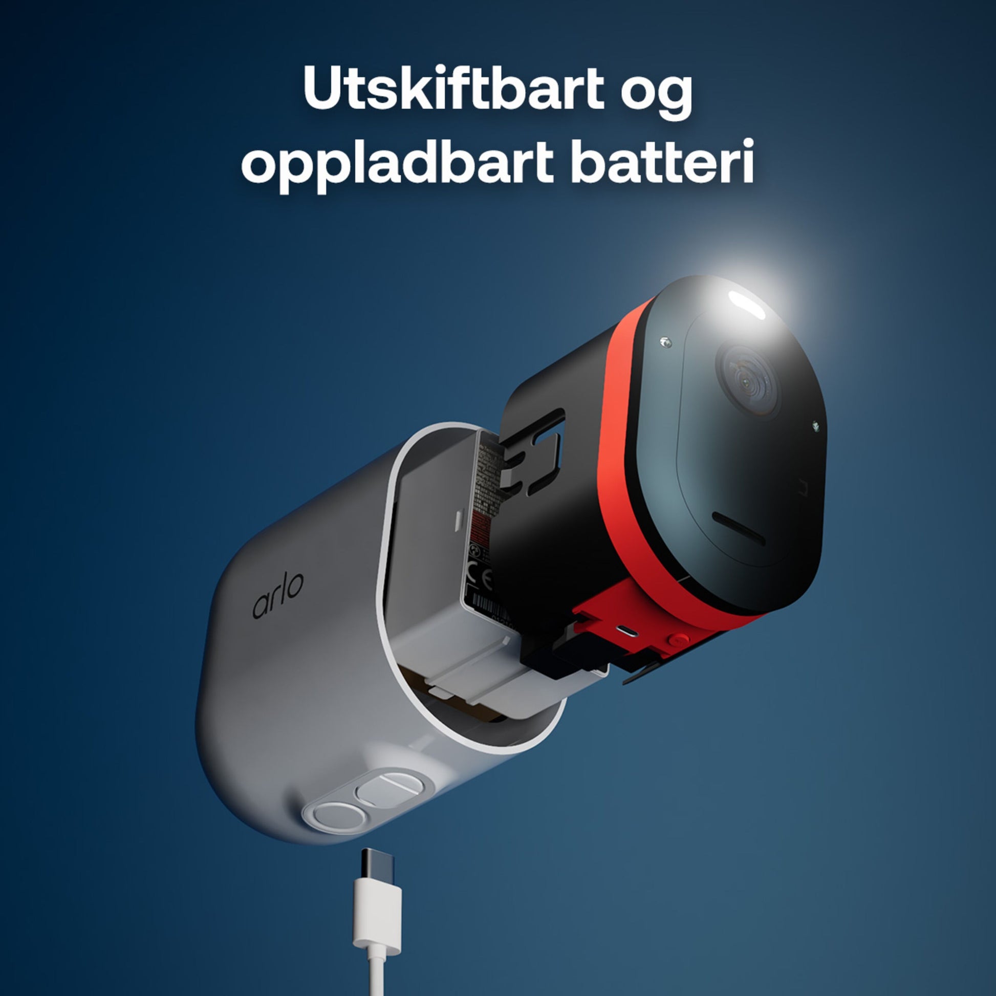 Arlo Pro 6 trådløst overvågningskamera 3-pak med åbent batterirum, udskiftbart batteri, opladerkabel i bund, norsk tekst.