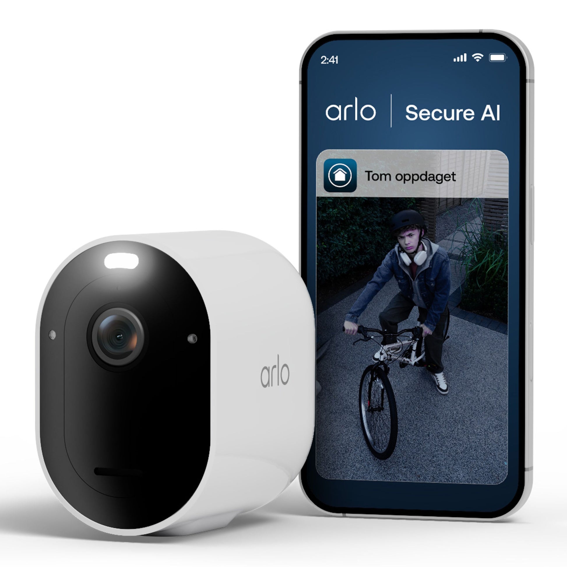 Arlo Pro 6 trådløst overvågningskamera ved smartphone med Arlo Secure AI-app, der viser person- og cykelnotifikationer.