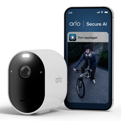 Arlo Pro 6 trådløst overvågningskamera ved smartphone med Arlo Secure AI-app, der viser person- og cykelnotifikationer.