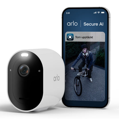 Arlo Pro 6 trådløst overvågningskamera, smartphone med Arlo-app notifikation og farvenatvision vises.